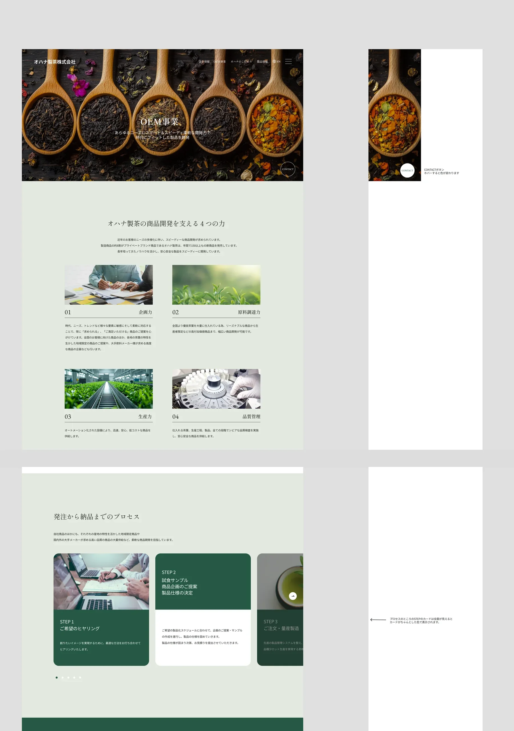 OEM事業ページの強み、CONTACTボタン、発注プロセスの検討資料